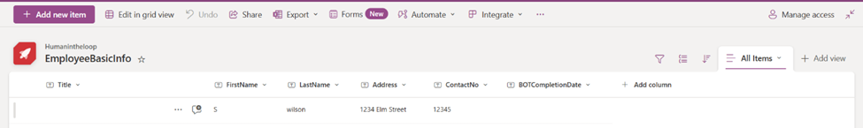 A SharePoint list showing form entry data